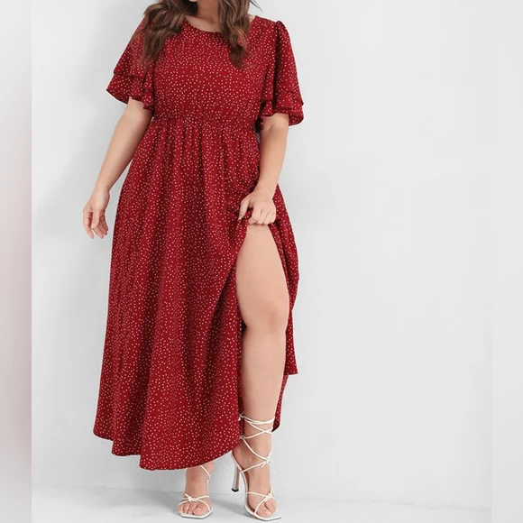 BloomChic | Dresses | Bloomchic Polka Dot Pocket Ruffles Split Maxi Dress  Burgundy Plus Size 8 | Poshmark